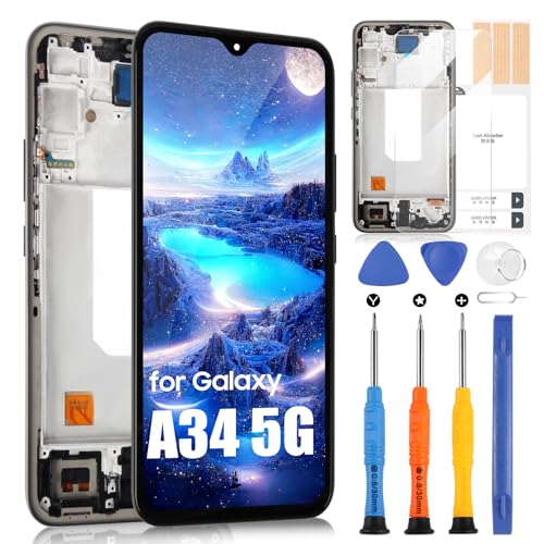 LCD Display für Samsung Galaxy A34 5G A346 Display für Galaxy A34 5G SM-A346E SM-A346B SM-A346M LCD Bildschirm Touchscreen Digitazer Assembly Ersatz mit Reparatur Kit (Schwarz mit Rahmen) von ARSSLY