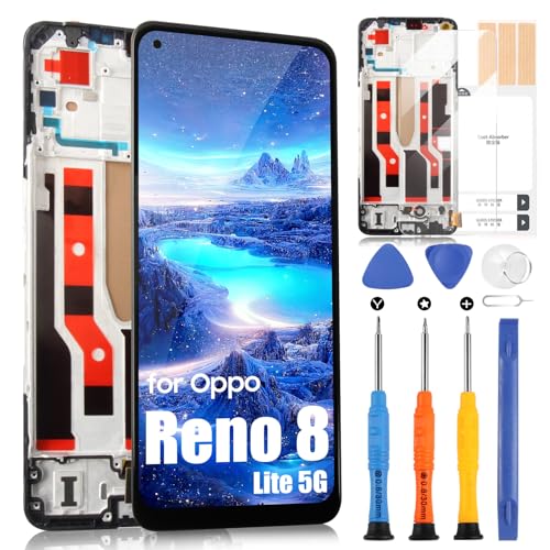 ARSSLY LCD Display für Oppo Reno 8 Lite 5G Bildschirm für Oppo Reno8 Lite 5G CPH2343 Touchscreen Digitizer Full Assembly mit Reparatur-Set (6,43 Zoll, Schwarz mit Rahmen, TFT) von ARSSLY