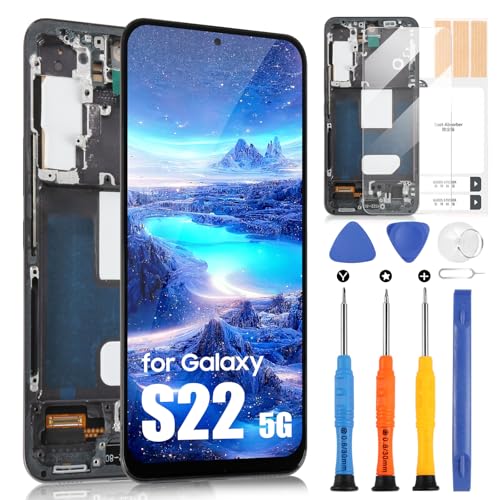 LCD Bildschirm für Samsung Galaxy S22 5G, LCD für Galaxy S22 5G SM-S901B SM-S901B/DS TFT, LCD Display Touchscreen Assembly mit Reparatur-Set (Schwarz mit Rahmen, ohne Fingerprint Unlocking, 6,1 Zoll) von ARSSLY