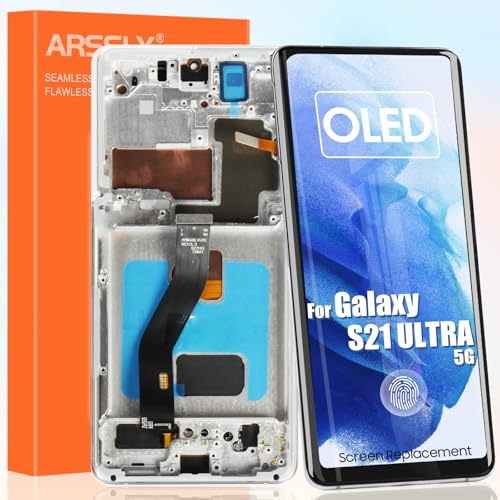 OLED Display für Samsung Galaxy S21 Ultra 5G LCD Display für Galaxy S21 Ultra 5G SM-G998B SM-G998B/DS SM-G998U SM-G998W Bildschirm Digitizer Touchscreen Assembly mit Reparatur-Set (Silber mit Rahmen) von ARSSLY