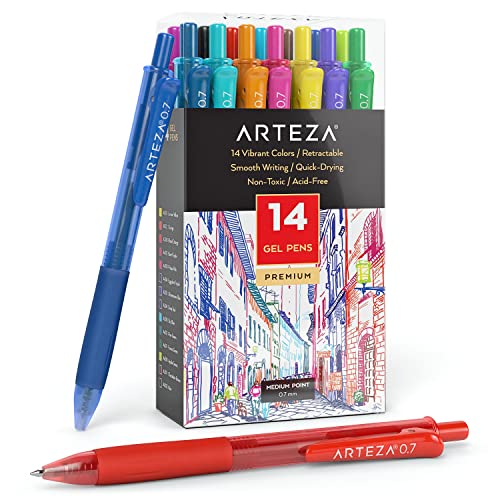 ARTEZA Farbige Gelstifte, 14 einzigartige lebendige Farben, 0,7 mm feine Spitze, einziehbar, für Journaling, Zeichnen, Kritzeln und Notizen von ARTEZA