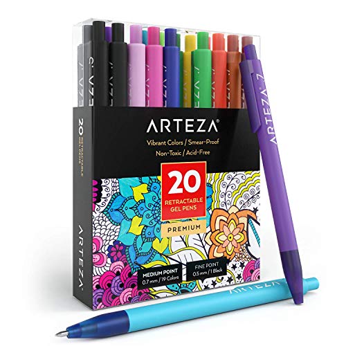 ARTEZA Gelstifte, 20 Kugelschreiber mit Geltinte, Druckgelschreiber in verschiedenen Farben, hochwertige Gelroller mit 0.7 mm Stiftspitze, Tintenroller für Bürobedarf, 1 Stück (20er Pack) von ARTEZA