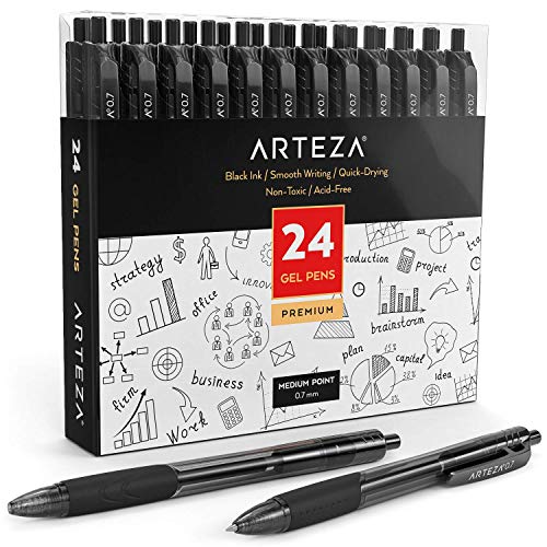 ARTEZA Gelstifte, 24 schwarze Kugelschreiber mit Geltinte, Druckgelschreiber mit 0,7 mm Stiftspitze, hochwertige Gelroller für Bürobedarf von ARTEZA
