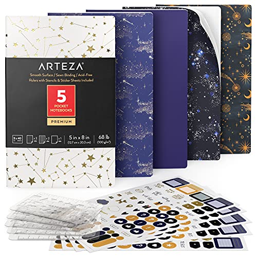 ARTEZA Notizbücher 5er-Set, 12.7 x 20.3 cm, Konstellationsdesigns, 2x Notizbuch liniert, 2x Bullet Journal und 1x Notizbuch weiße Seiten unliniert, fadengenähte Bindung, Softcover, glattes Papier von ARTEZA