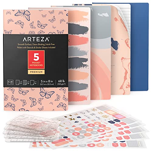 ARTEZA Notizbücher 5er-Set, 12.7 x 20.3 cm, Schmetterling-Designs, 2x Notizbuch liniert, 2x Bullet Journal und 1x Notizbuch weiße Seiten unliniert, fadengenähte Bindung, Softcover, glattes Papier von ARTEZA