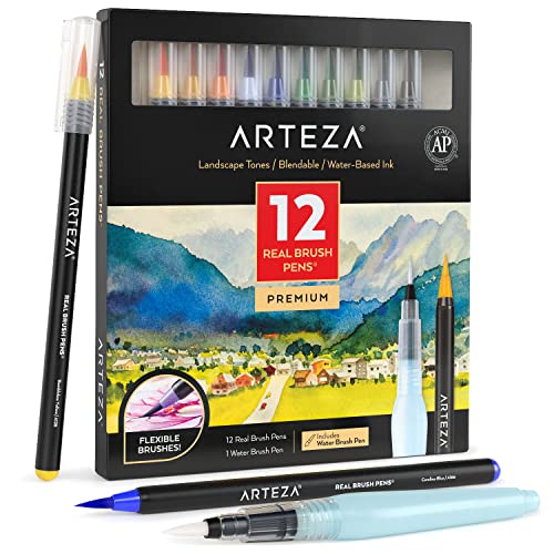ARTEZA Pinselstifte, Brush Pen 12er-Set, Landschaftstöne, mischbare Aquarellstifte und 1 Wasserpinsel, Künstlerbedarf für Schule, Zuhause und Büro von ARTEZA