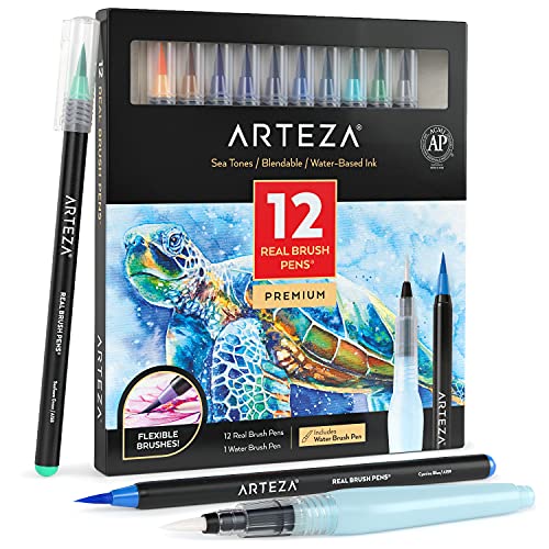 ARTEZA Pinselstifte, Brush Pen 12er-Set, Meerestöne, mischbare Aquarellstifte und 1 Wasserpinsel, Künstlerbedarf für Schule, Zuhause und Büro von ARTEZA