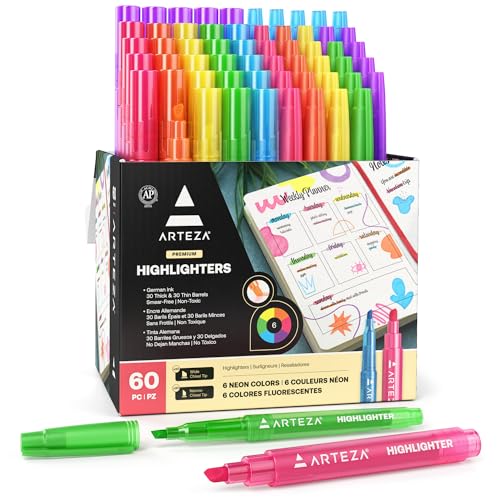 ARTEZA Textmarker Set, Großpack mit 60 Leuchtstiften in 6 Neonfarben, Textliner mit 30 dünnen und 30 breiten Schrägkeilspitzen von ARTEZA