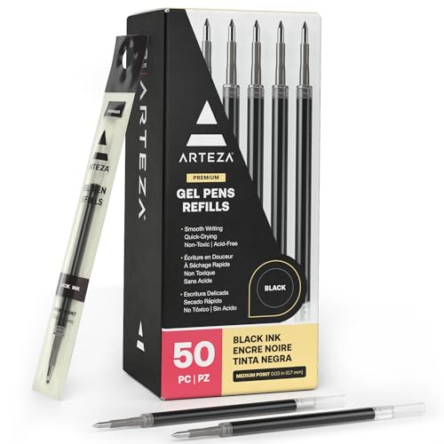 Arteza Gelstifte Nachfüllungen, 50 schwarze Gelroller-Minen, mittelfeine 0,7 mm Stiftspitze für Tintenroller, schnell trocknend, ungiftig zum Schreiben, Notieren & Skizzieren von ARTEZA