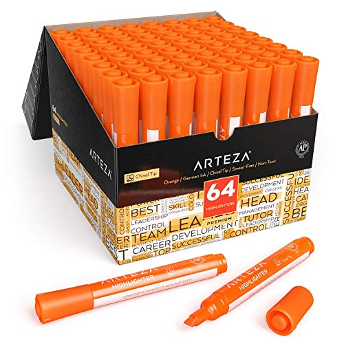 ARTEZA Textmarker Orange, 64 Leuchtstifte Großpackung, Textliner mit breiten Keilspitzen, Textsurfer hergestellt mit ungiftiger Tinte, zum Markieren im Haushalt, Schule oder Büro von ARTEZA