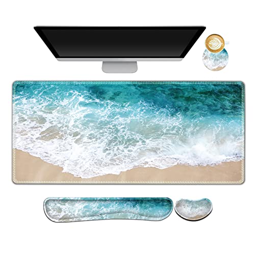 ARTSO Erweitertes Gaming Mauspad Set, Tastatur Handgelenkauflage Stützpad + Handgelenkkissen + XXL Großes Mauspad + Untersetzer, Genähter Rand, Rutschfest, Memory Foam Schreibtischmatte, Strandwellen ARTSO Erweitertes Gaming Mauspad Set, Tastatur Handgelenkauflage Stützpad + Handgelenkkissen + XXL Großes Mauspad + Untersetzer, Genähter Rand, Rutschfest, Memory Foam Schreibtischmatte, Strandwellen von ARTSO
