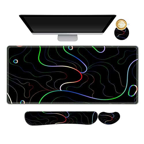 ARTSO Gaming-Mauspad, Handgelenkstützen-Set, XXL, großes Schreibtischmatte, Mauspad + Tastatur-Handgelenkstütze, genähte Kanten für Zuhause und Büro, bunte Linien von ARTSO