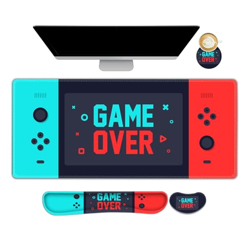 ARTSO Großes Gaming-Mauspad, Tastatur-Handgelenkauflage und Handgelenkstütze, Mauspad-Set, genähte Kanten, verlängerte, rutschfeste Unterseite, Memory-Schaum-Schreibtischmatte, grün-rote Spielkonsole von ARTSO
