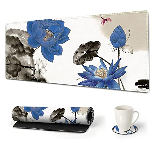 ARTSO Großes Gaming-Mauspad mit genähten Kanten, XXL erweiterte Tastaturmatte, langes Mauspad, Schreibtischdekoration, Schreibblock, 89.2x39.9 cm, Zuhause, blaue Lotus-Tintenmalerei ARTSO Großes Gaming-Mauspad mit genähten Kanten, XXL erweiterte Tastaturmatte, langes Mauspad, Schreibtischdekoration, Schreibblock, 89.2x39.9 cm, Zuhause, blaue Lotus-Tintenmalerei von ARTSO