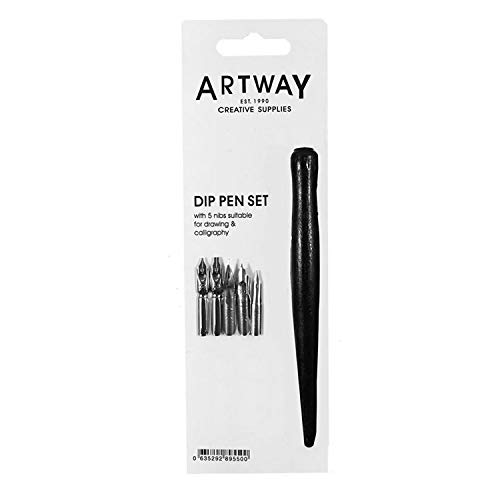 Artway - Federhalter mit 5 Federn zum Zeichnen und für Kalligrafie - zur Verwendung mit Tinte - schwarzer Griff - 1 x 1 Set von ARTWAY