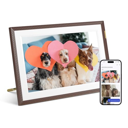ARZOPA Digitaler Bilderrahmen WLAN 10,1 Zoll 32GB Kostenlose Arzopa App Teilen Fotos Videos Bilderrahmen Digital mit Dateiverwaltung IPS HD Touchscreen Individuelle Grußkarte zum Verschenken-D10 Braun von ARZOPA