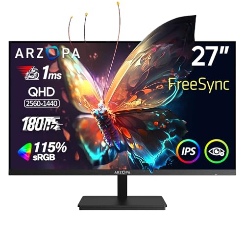 ARZOPA Gaming Monitor 27 Zoll 180Hz - 2K QHD 2560x1440 Monitor PC Bildschirm 115% sRGB 1ms IPS FreeSync Einstellbare Neigung Augenpflege VESA Wandmontage, DisplayPort1.4, HDMI2.0, Type-C von ARZOPA