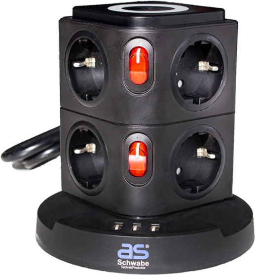 as-Schwabe QI-Wireless Ladestation 8-fach Steckdosenturm 2,0 m schwarz (18221) von AS Schwabe