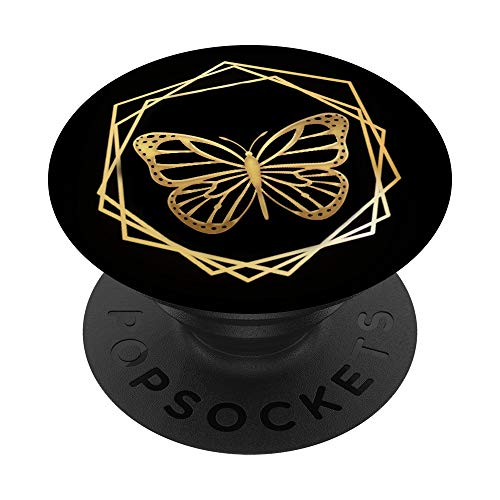 Goldener geometrischer Schmetterling auf schwarzem Grund PopSockets mit austauschbarem PopGrip von ASBDesigns
