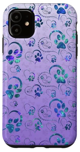 Hülle für iPhone 11 Blaugrün / Violett mit Hundepfoten-Herzmuster, auf grauem Violett von ASBPops