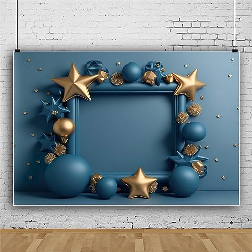 ASDCXZ Baby Geburtstag Party Hintergrund 2.2x1.5m, Dunkelblau Gold Ballon Stern Fotowand, Vinyl Fotobox für Erster Geburtstag Mädchen Junge, Portrait Fotostudios von ASDCXZ