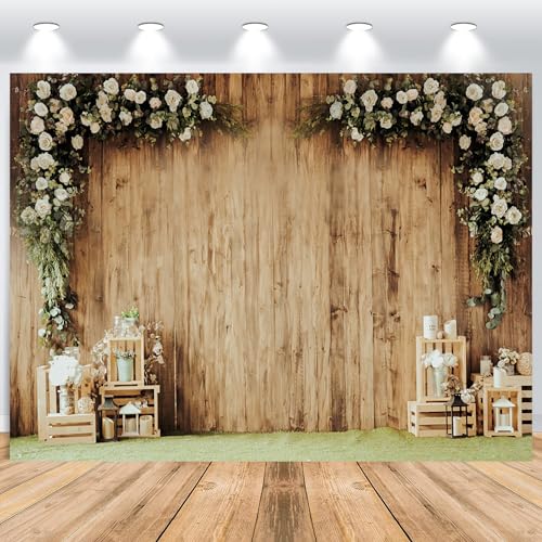 ASDCXZ Blumenwand Hintergrund 3.6x3m, Retro Holzmaserung Weiß Blume Wand Fotowand, Vinyl Fotobox für Hochzeit Geburtstag Brautdusche Party, Portrait Fotostudios von ASDCXZ