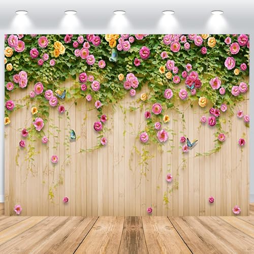 ASDCXZ Blumenwand Hintergrund 3x2.5m, Holzmaserung Rose Gelb Blume Wand Fotowand Hintergrund, Vinyl Fotobox Hintergrund für Hochzeit Geburtstag Brautdusche Party, Portrait Fotostudios Hintergründe von ASDCXZ