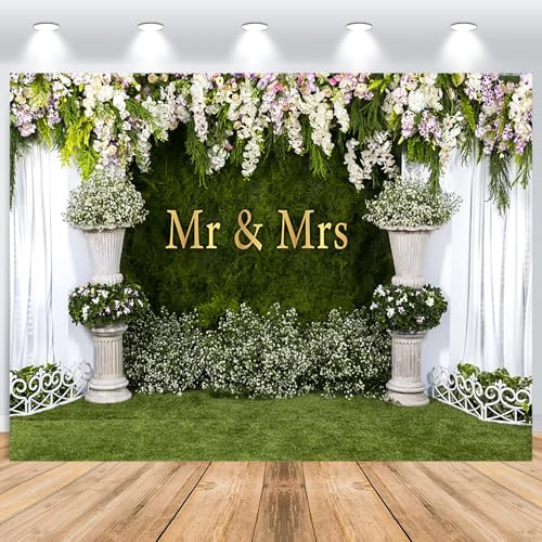 ASDCXZ Blumenwand Hintergrund 3x2.5m, Mr&Mrs Bunt Blumen Grün Gras Wand Fotowand Hintergrund, Vinyl Fotobox Hintergrund für Hochzeit Geburtstag Brautdusche Party, Portrait Fotostudios Hintergründe von ASDCXZ