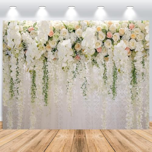 ASDCXZ Blumenwand Hintergrund 3x2.5m, Rose Weiß Grün Blume Wand Spitze Fotowand Hintergrund, Vinyl Fotobox Hintergrund für Hochzeit Geburtstag Brautdusche Party, Portrait Fotostudios Hintergründe von ASDCXZ