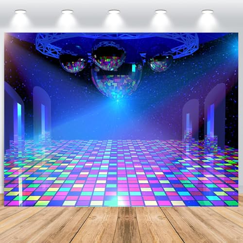 ASDCXZ Disco Party Fotohintergrund 2.2x1.5m, Vintage 70er 80er 90er Disco Ball Bühne Fotowand Hintergrund Vinyl Nachtclub Neon Musik Geburtstag Disco Thema Party Foto Hintergrund Studio Requisiten von ASDCXZ