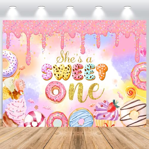 ASDCXZ Erster Geburtstag Hintergrund Mädchen 3x2m, She's a Sweet One Makaron Pink Donuts EIS Lutscher Geburtstag Fotowand Hintergrund, Vinyl Fotobox Hintergrund für Mädchen 1st Geburtstag Party von ASDCXZ