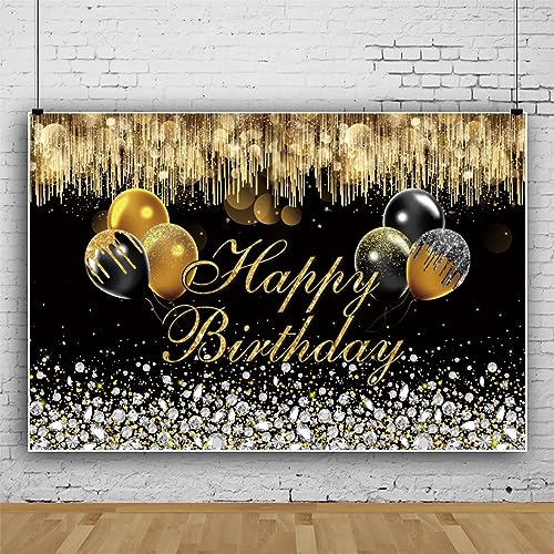 ASDCXZ Geburtstag Foto Hintergrund 1.5x1m, Herzlichen Glückwunsch zum Geburtstag Fotowand Hintergrund, Vinyl Schwarz Gold Ballon Fotobox Hintergrund für Kinder Mädchen Frauen Geburtstag Party von ASDCXZ