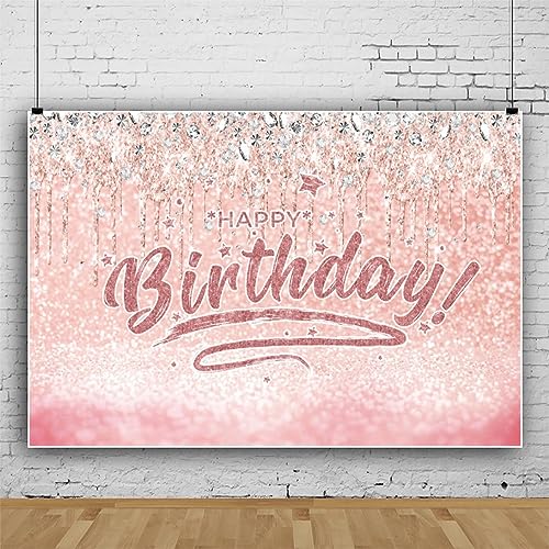 ASDCXZ Geburtstag Foto Hintergrund 2.2x1.5m, Herzlichen Glückwunsch zum Geburtstag Fotowand Hintergrund, Vinyl Glitzer Diamant Rose Fotobox Hintergrund für Kinder Mädchen Frauen Geburtstag Party von ASDCXZ
