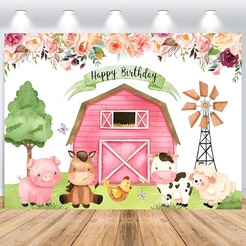 ASDCXZ Geburtstag Hintergrund 1.5x1m, Bauernhof Rose Scheune Hintergrund Cartoon Tier Happy Birthday Fotowand Hintergrund, Vinyl Fotobox Hintergrund für Kinder Geburtstag Party Kuchen Tischdeko von ASDCXZ