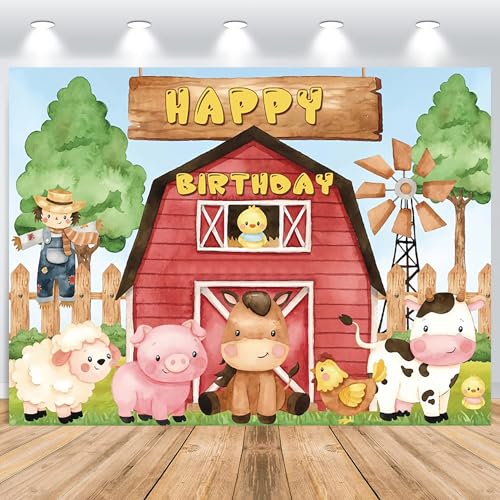 ASDCXZ Geburtstag Hintergrund 2.2x1.5m, Bauernhof Rot Scheune Hintergrund Cartoon Tier Happy Birthday Fotowand Hintergrund, Vinyl Fotobox Hintergrund für Kinder Geburtstag Party Kuchen Tischdeko von ASDCXZ