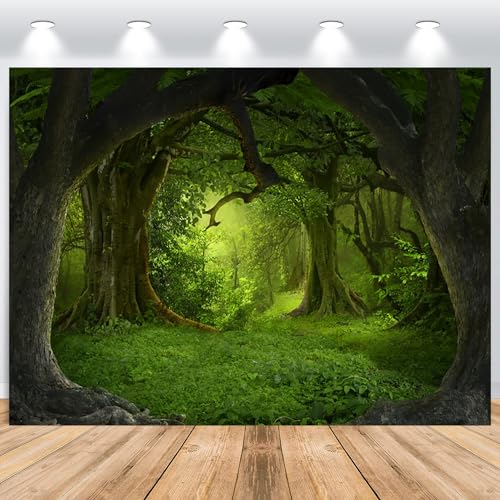 ASDCXZ Grün Dschungel Wald Fotowand Hintergrund 2.2x1.5m, Verzauberte Wald Grün Grasland Vinyl Fotografie Hintergrund Kinder Baby Wild EIN 1st Geburtstag Banner Kuchen Smash Kirche Sanctuary Dekor von ASDCXZ