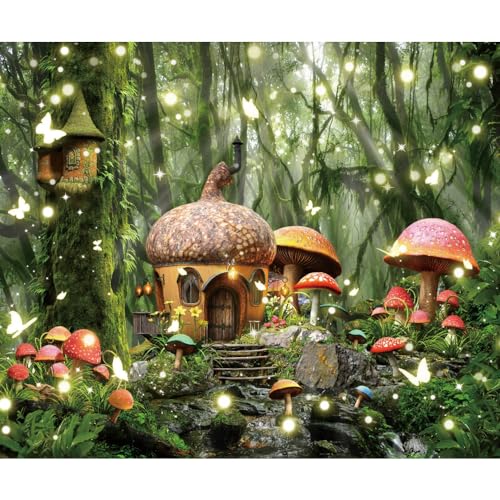 ASDCXZ Wald Hintergrund 2.2x1.5m, Märchen Wald Schmetterling Pilz Baumhaus Glittler Fotowand Hintergrund, Vinyl Fotobox Hintergrund für Geburtstag Wald Thema Party, Portrait Fotostudios Hintergründe von ASDCXZ