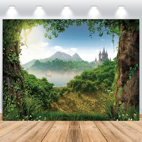 ASDCXZ Wald Hintergrund 3.6x3m, Märchen Wald Schloss See Wunderland Fotowand Hintergrund, Vinyl Fotobox Hintergrund für Geburtstag Babydusche Wald Thema Party, Portrait Fotostudios Hintergründe von ASDCXZ