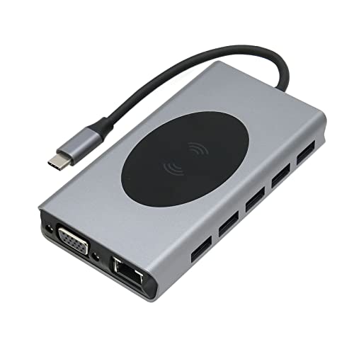 13-in-1-Typ-C-Hub, USB-C-Dongle-Adapter, Unterstützt HDMI, VGA, 5 USB-3.0-Anschlüsse, RJ45, 100-W-PD, 3,5-mm-Audioausgang, Kabelloses Laden 10 W, SD-Kartenleser, für Alle von ASHATA