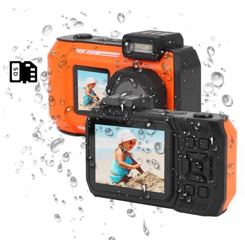 ASHATA 4K 65 MP wasserdichte Kamera, 33 Fuß Unterwasserkamera, 2,88 Zoll 1,44 Zoll Dual Screen Selfie Unterwasser Digitalkamera, 10 Fach Optischer Zoom, 2500 MAh Akku (ORANGE) von ASHATA