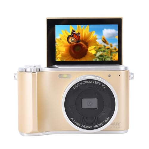 4K Digitalkamera mit 3 Zoll Flip Bildschirm, Autofokus 64MP HD Vlogging Kamera für YouTube mit 16x Digitalem Zoom, Weitwinkelobjektiv, für Selfie Vlog Travel Campus (Golden) von ASHATA