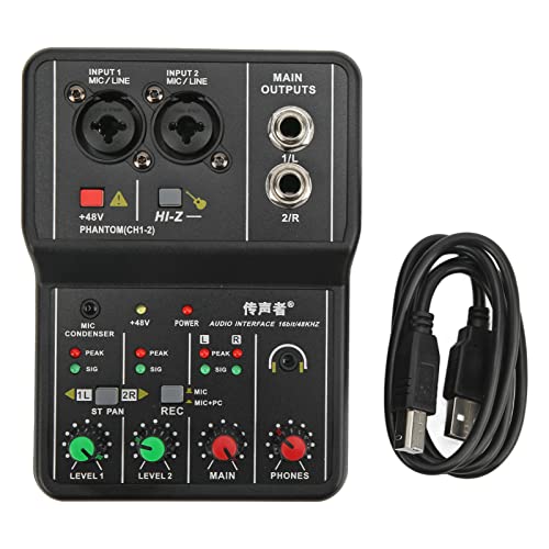 ASHATA 2 Kanäle Audio Mixer, Soundkarte USB 48V Phantomspeisung Kompakt Sound Mischpult, USB Soundkarte für PC für Musikaufnahme Home Karaoke Internet Karaoke von ASHATA