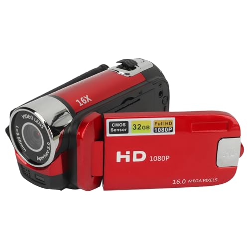 ASHATA D90 1080P Digitaler Videokamera-Camcorder, 16 MP, 16-facher Zoom, Vlogging-Kamera, Videorecorder mit Fülllicht, 2,4 Zoll Drehbarer Bildschirm, DV-Kamera für (Rot) von ASHATA