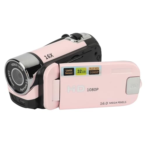 ASHATA D90 Videokamera Camcorder, 1080P 16 MP Digitalkamera Recorder, 2,4 Zoll Drehbarer Bildschirm, 16 facher Digitalzoom Camcorder Kamera mit Fülllicht (PINK) von ASHATA