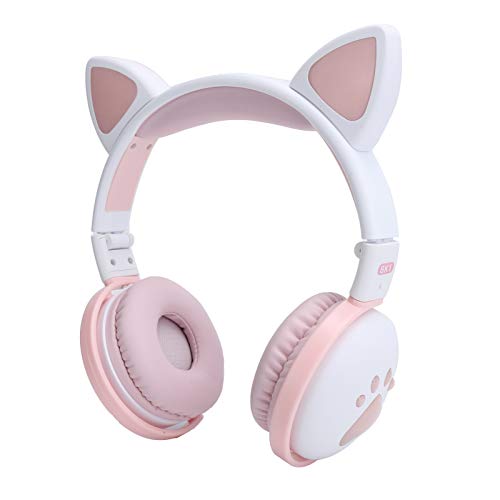 ASHATA Drahtlose Bluetooth-Kopfhörer, Niedliche Bluetooth-Kopfhörer mit Katzenohr, Leuchtende Drahtlose Over-Ear-Kopfhörer, HiFi-Sport-Falt-Headset mit Buntem LED-Licht(Rosa Weiß) von ASHATA