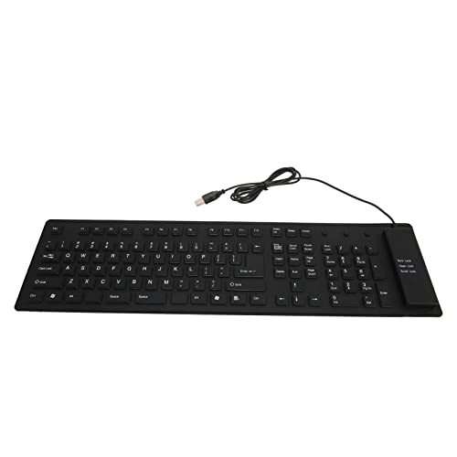 ASHATA Faltbare Silikontastatur mit 109 Tasten, Kabelgebundene wasserdichte Leise Tastatur, Kabelgebundene Flexible USB-Tastatur für Desktop-Laptop-Home-Office(Schwarz) von ASHATA