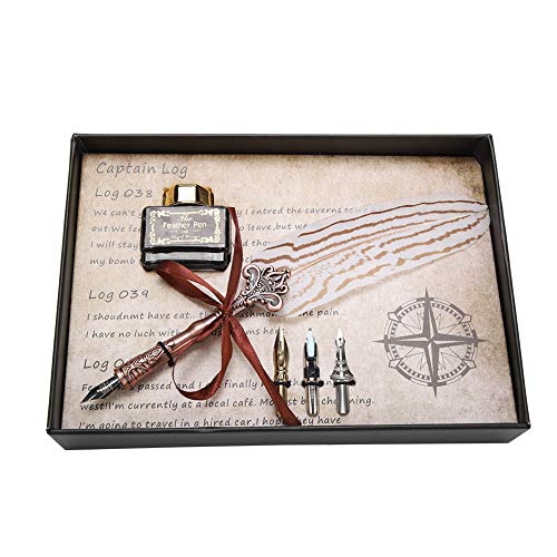ASHATA Füllfederhalter Quill Pen Set,Retro Classical Feder Stift Kalligraphie Feder Pen Tintenflasche Set,Europäisch Füllfederhalter Feder Dip Pen Schreiben für Valentinstag von ASHATA