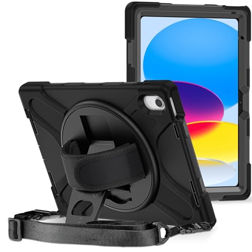 ASHATA Für 10. Generation Hülle, Tablet Körper Schutzhülle, Stoßfest, Sturzsicher, Drehbarer Ständer, Verstellbarer Abnehmbarer Schultergurt Für 10 Gen Für 2022 (Schwarz) von ASHATA