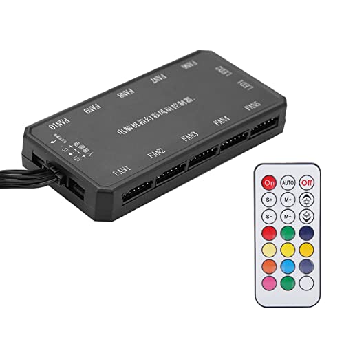 ASHATA Integrierter 12-Port-Lüfterhub, Stromversorgung von Bis zu 10 Lüftern, RGB-Lüfter und LED-Streifen-Controller mit Fernbedienung, 15 M HF-Funksteuerung Bunte Lüftersteuerung von ASHATA