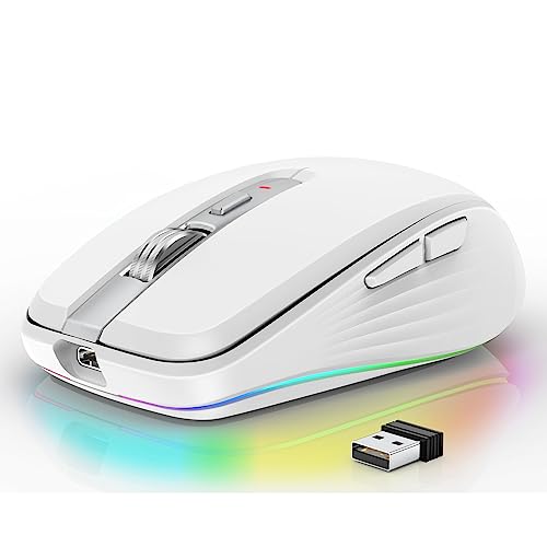 ASHATA Kabellose BT Maus für Laptop, 2,4 G USB Optische Kabellose Maus, RGB Maus Dual Modus 2400 DPI mit 12 RGB Lichteffekten für Laptop für Window für OS X (Weiss) von ASHATA